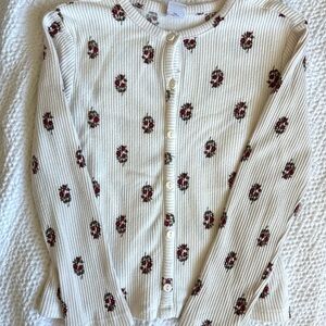 Old Navy Cream Ribbed Cardigan Long Sleeve with Red Floral Print Size 6-7